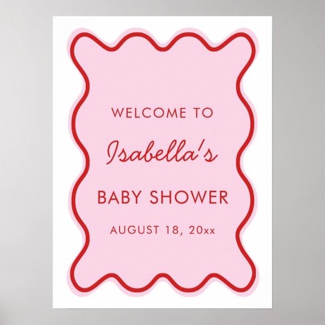 Affiche Wavy Moderne Curvy Retro Baby shower rose et rouge (Devant)