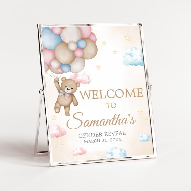 Affiche We Can Bearly Wait Gender Reveal Welcome Sign (Bear Balloon He or She Gender Reveal Welcome Sign)