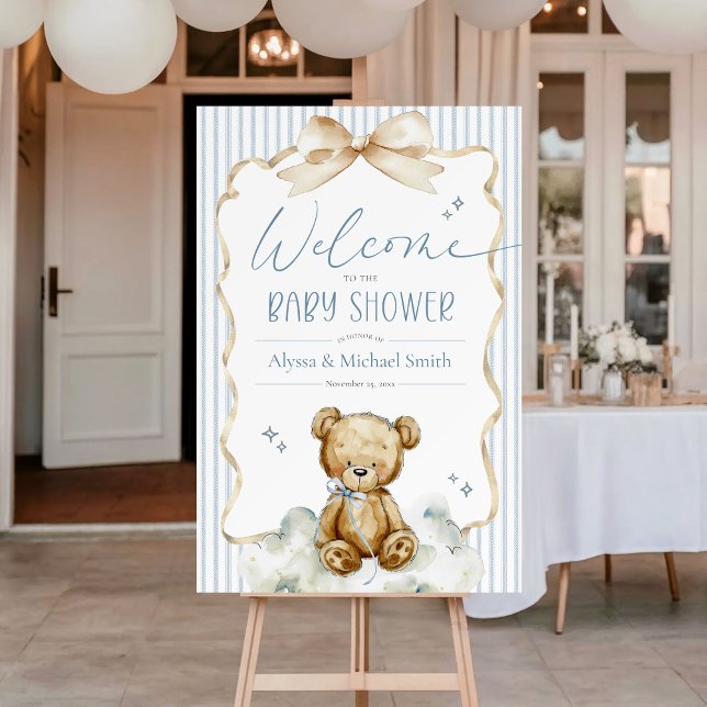 Affiche We Can Bearly Wait Teddy Bear Boy Shower Welcome (Cute We Can Bearly Wait watercolor teddy bear blue bows stripes baby boy shower welcome sign poster)