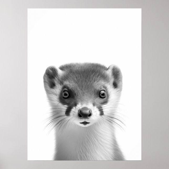 Affiche Weasel Woodland moderne Portrait noir blanc (Devant)