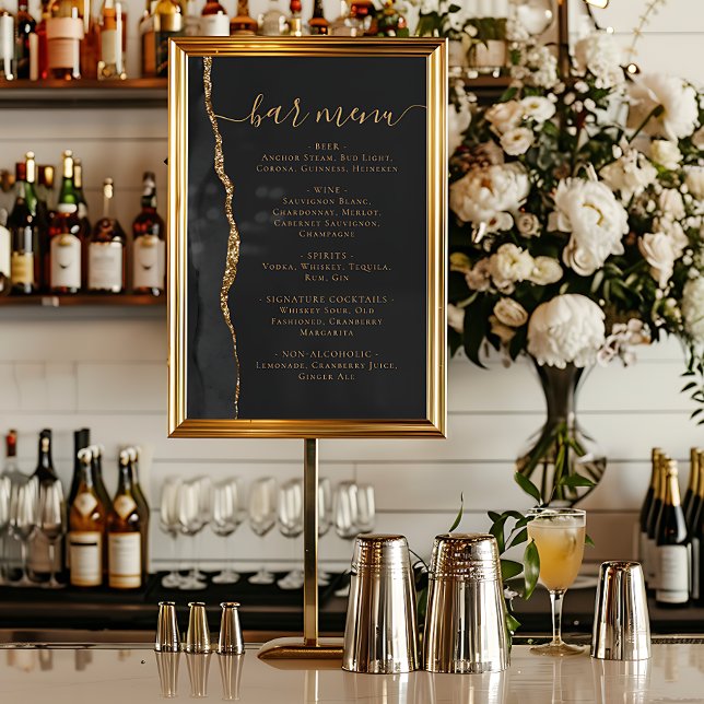 Affiche Wedding Bar Menu Black Gold Agate Dark (Créateur téléchargé)