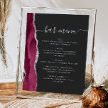 Affiche Wedding Bar Menu Burgundy Silver Agate Dark<br><div class="desc">An elegant sign for your wedding bar menu. The words "bar menu" appears in silver gray handwriting calligraphy with swashes at the beginning and end, with customizable text below. A burgundy watercolor agate design trimmed with silver faux glitter decorates the left border on a dark off-black background. See our collection...</div>