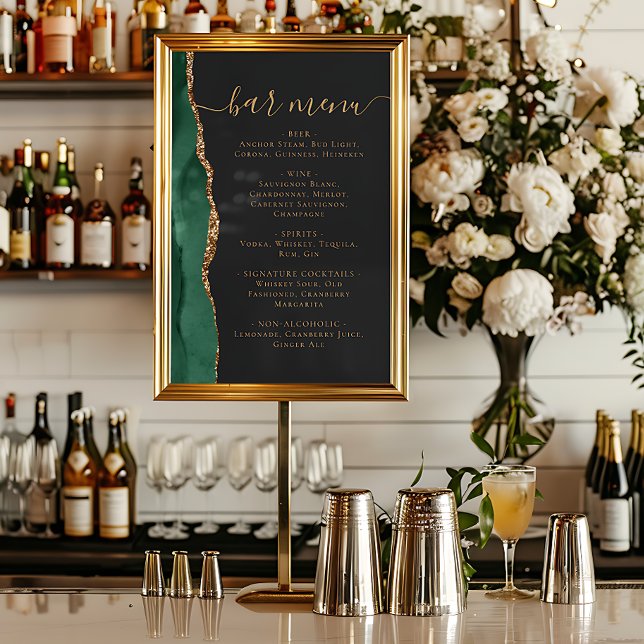 Affiche Wedding Bar Menu Emerald Green Gold Agate Dark (Créateur téléchargé)
