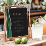 Affiche Wedding Bar Menu Emerald Rose Gold Agate Dark<br><div class="desc">An elegant sign for your wedding bar menu. The words "bar menu" appears in dusty rose handwriting calligraphy with swashes at the beginning and end, with customizable text below. An emerald green watercolor agate design trimmed with rose gold faux glitter decorates the left border on a slate black background. See...</div>