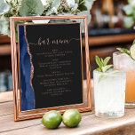 Affiche Wedding Bar Menu Navy Blue Rose Gold Agate Dark<br><div class="desc">An elegant sign for your wedding bar menu. The words "bar menu" appears in dusty rose handwriting calligraphy with swashes at the beginning and end, with customizable text below. A navy blue watercolor agate design trimmed with rose gold faux glitter decorates the left border on a slate black background. See...</div>