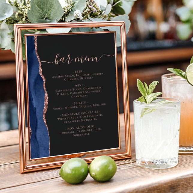 Affiche Wedding Bar Menu Navy Blue Rose Gold Agate Dark (Créateur téléchargé)