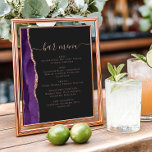 Affiche Wedding Bar Menu Purple Rose Gold Agate Dark<br><div class="desc">An elegant sign for your wedding bar menu. The words "bar menu" appears in dusty rose handwriting calligraphy with swashes at the beginning and end, with customizable text below. A purple watercolor agate design trimmed with rose gold faux glitter decorates the left border on a slate black background. See our...</div>