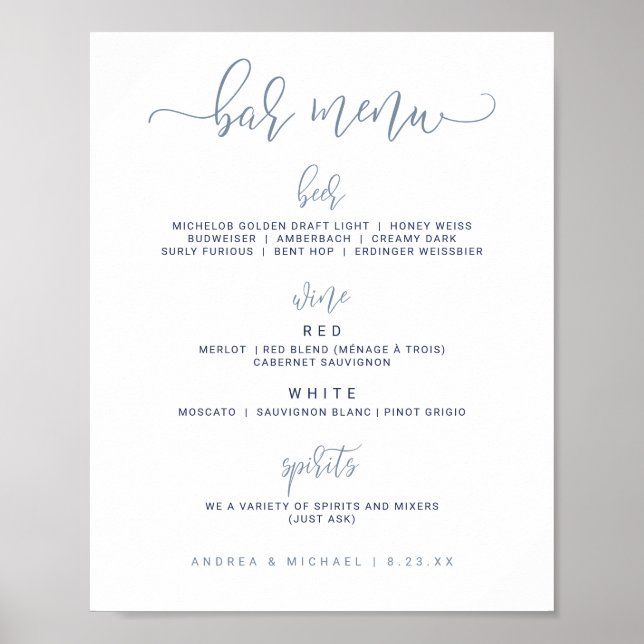 Affiche Wedding Bar Menu Sign - Bounce Script (Dusty Blue) (Devant)