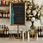Affiche Wedding Bar Menu Teal Blue Gold Agate Dark<br><div class="desc">An elegant sign for your wedding bar menu. The words "bar menu" appears in gold-colored handwriting calligraphy with swashes at the beginning and end, with customizable text below. A teal blue watercolor agate design trimmed with gold faux glitter decorates the left border on a slate black background. See our collection...</div>