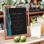 Affiche Wedding Bar Menu Teal Blue Rose Gold Agate Dark<br><div class="desc">An elegant sign for your wedding bar menu. The words "bar menu" appears in dusty rose handwriting calligraphy with swashes at the beginning and end, with customizable text below. A teal blue watercolor agate design trimmed with rose gold faux glitter decorates the left border on a slate black background. See...</div>
