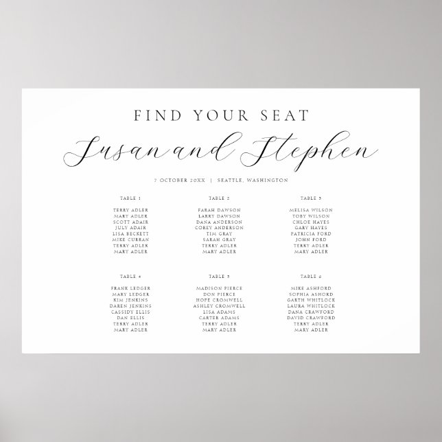 Affiche Wedding Modern Minimal Six Table Seating Chart (Devant)