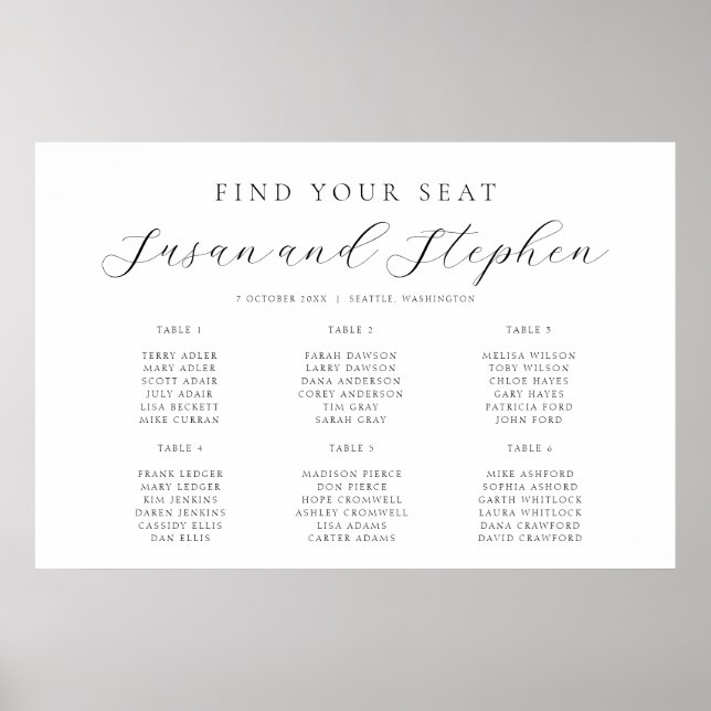Affiche Wedding Modern Minimal Six Table Seating Chart (Devant)