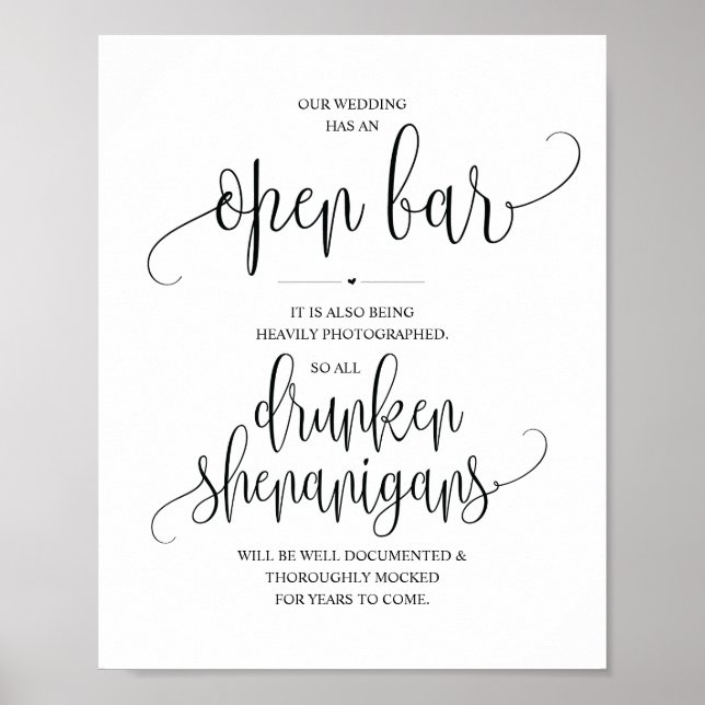 Affiche Wedding Open Bar, drunken shenanigans sign (Devant)