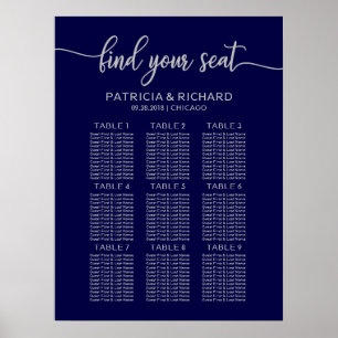 Affiche Wedding Seating Chart Board Navy Blue Silver