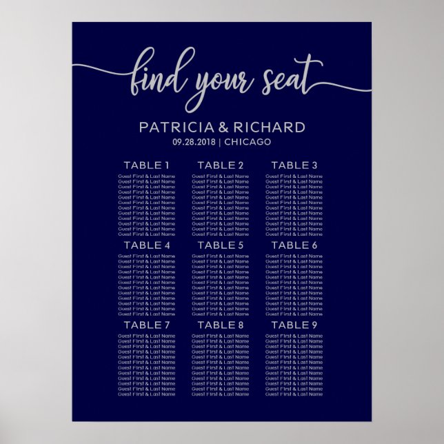 Affiche Wedding Seating Chart Board Navy Blue Silver (Devant)