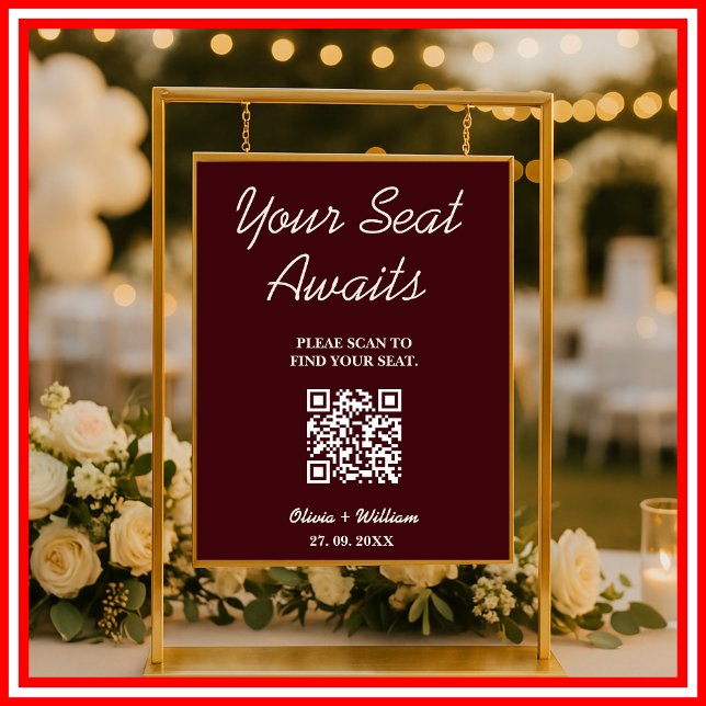 Affiche Wedding Seating Chart QR Burgundy & Ivory Rustic (Créateur téléchargé)
