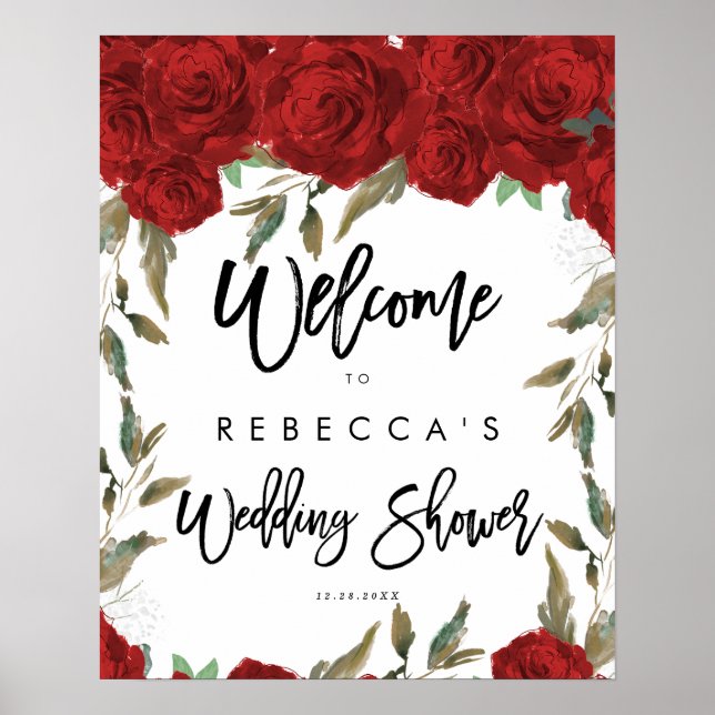Affiche wedding shower de bienvenue aux roses rouges (Devant)