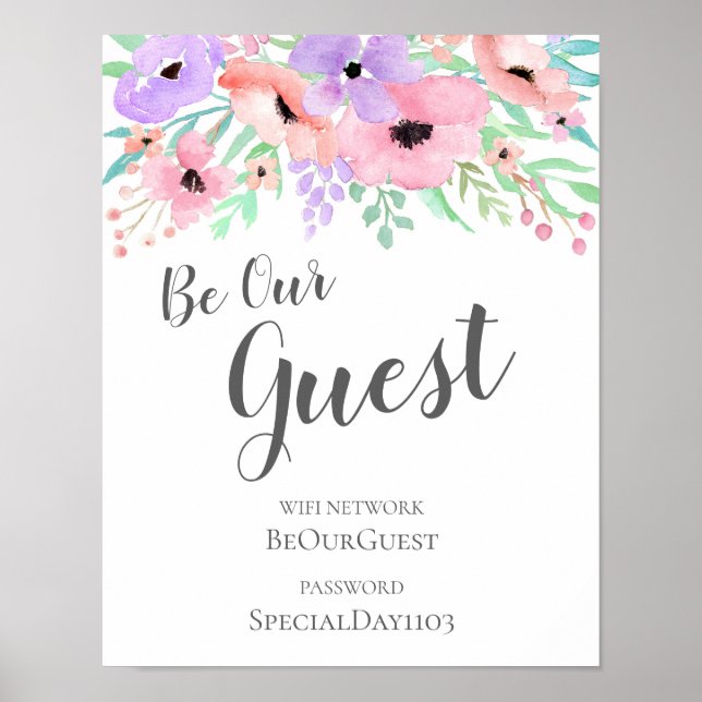 Affiche Wedding Sign – Wifi Password Watercolor Floral (Devant)