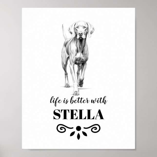 Affiche Weimaraner Life est meilleur avec Custom Dog Name (Devant)