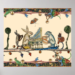 Affiche WEIRD MEDIEVAL BESTIARY MAKING MUSIC,Rabbit, Dog