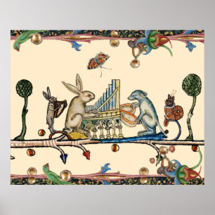 Affiche WEIRD MEDIEVAL BESTIARY MAKING MUSIC,Rabbit, Dog
