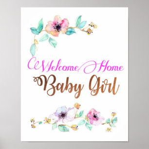 Affiche Welcom Home Baby Girl avec police en feuille de cu