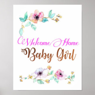 Affiche Welcom Home Baby Girl avec police en feuille de cu