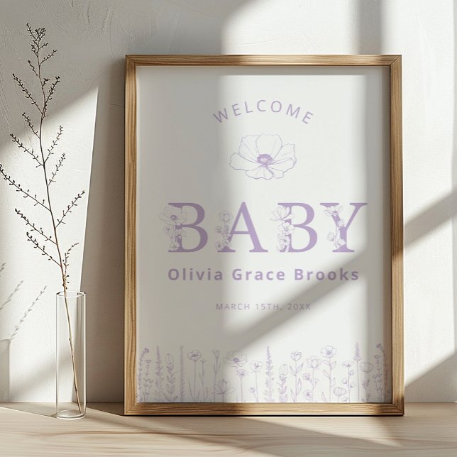 Affiche Welcome Baby Wildflower Baby Shower Lavender (Lavender Baby Welcome Sign)