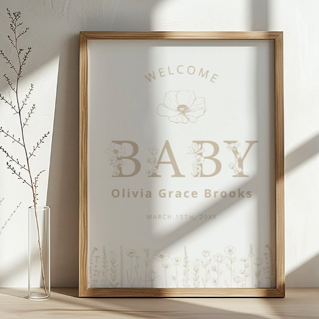 Affiche Welcome Baby Wildflower Baby Shower Neutral Taupe (Welcome Baby Sign)