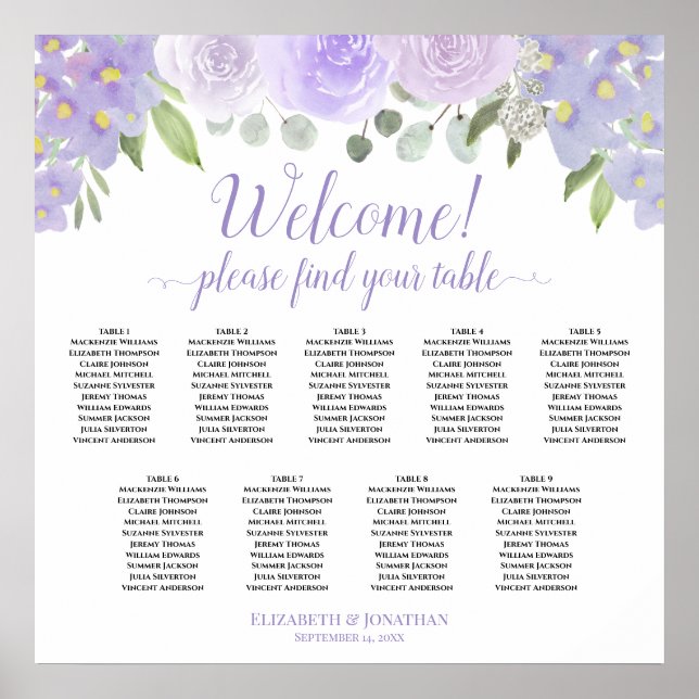 Affiche Welcome! Lavender Boho Roses 9 Table Seating Chart (Devant)