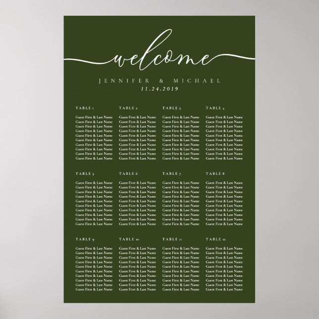 Affiche Welcome Olive Green Wedding Table Seating (Devant)