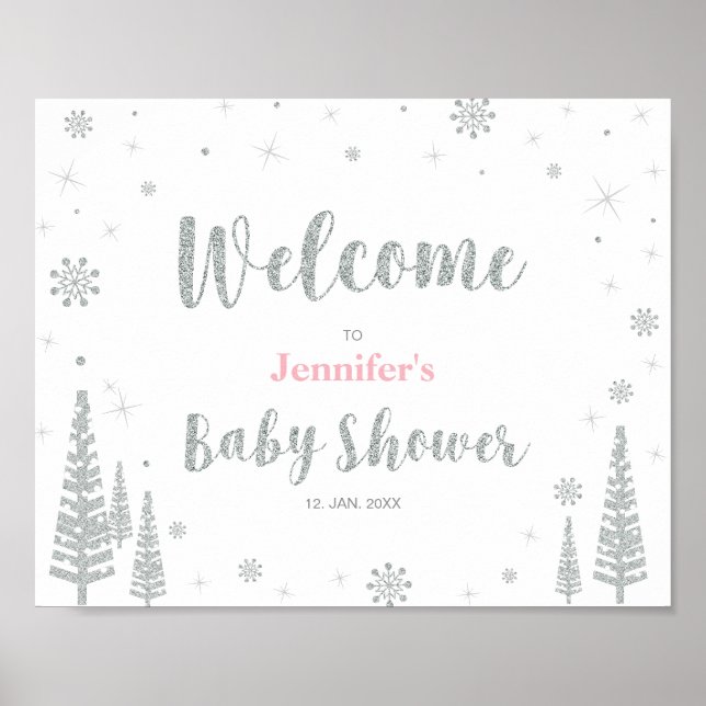 Affiche Welcome Sign for Winter Baby Shower, Girl, Pink (Devant)