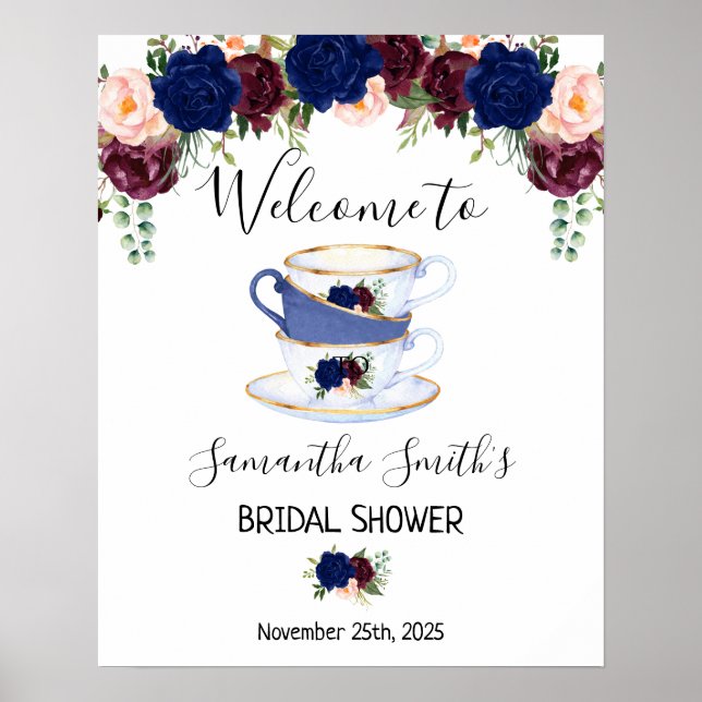 Affiche Welcome Tea bridal shower navy marsala floral sign (Devant)