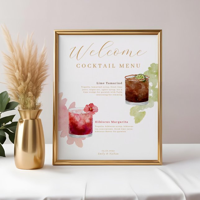 Affiche Welcome Watercolor Cocktails Menu Mariage Drink (Welcome Watercolor Cocktails Wedding Drink Menu Poster)