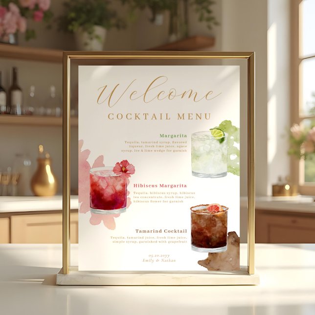 Affiche Welcome Watercolor Cocktails Menu Mariage Drink (Welcome Watercolor Cocktails Wedding Drink Menu Poster)