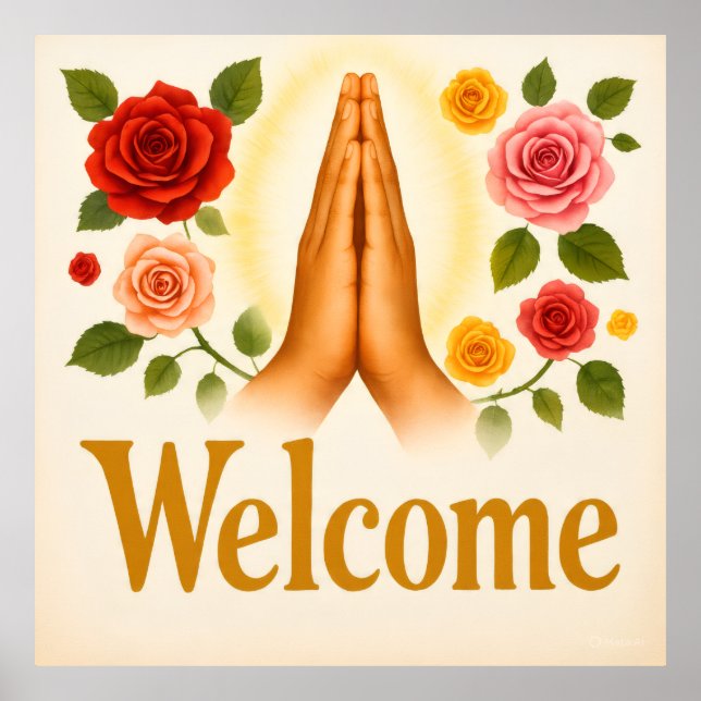 Affiche Welcome with hands Rose flower design on (Devant)