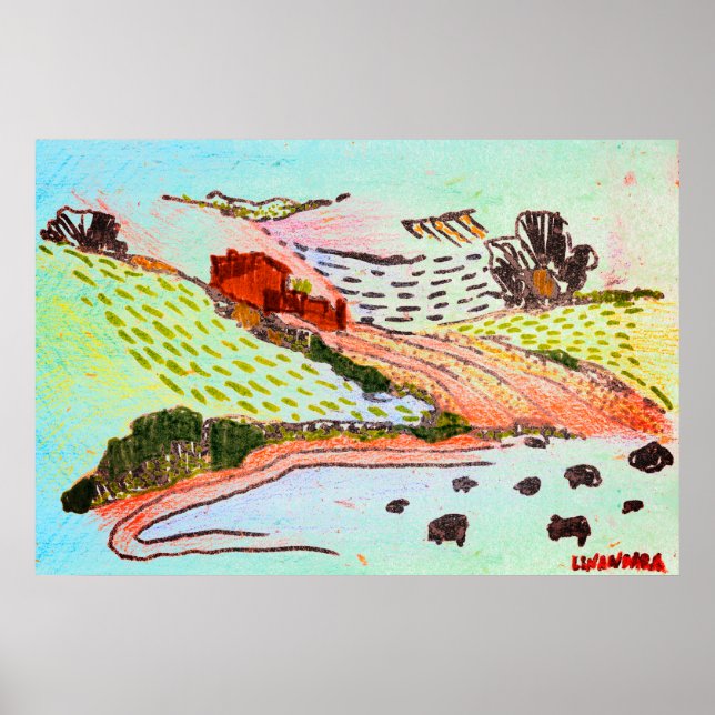 Affiche Welsh Countryside stylo & crayon croquis avec mout (Devant)