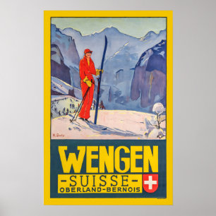 Affiche Wengen Oberland Bernois Suisse Ski Vintage