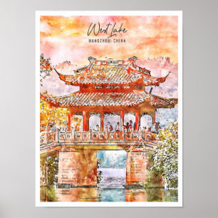 Affiche West Lake Hangzhou Chine vintage voyage aquarelle