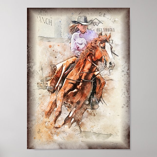 Affiche Western Barrel Racing Cowgirl Decoupage Imprimer (Devant)