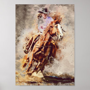 Affiche Western Barrel Racing Cowgirl Decoupage Imprimer