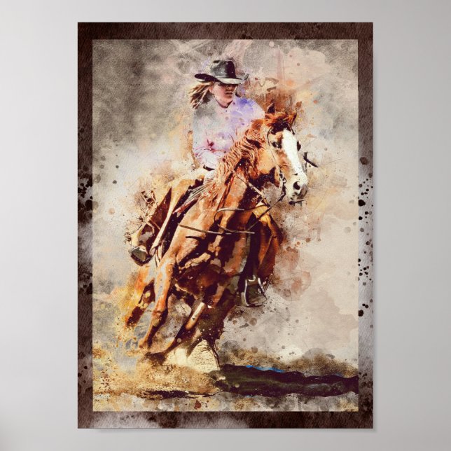 Affiche Western Barrel Racing Cowgirl Decoupage Imprimer (Devant)