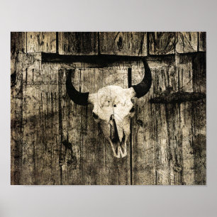 Affiche Western Bull Skull Vintage Barn Bois rustique Brow