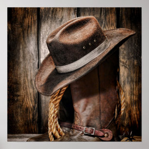 Affiche western country brun grange bois cowboy bottes
