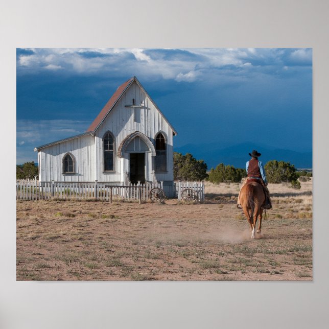 Affiche Western Cowboy Équitation Cheval À L'Église Imprim (Devant)