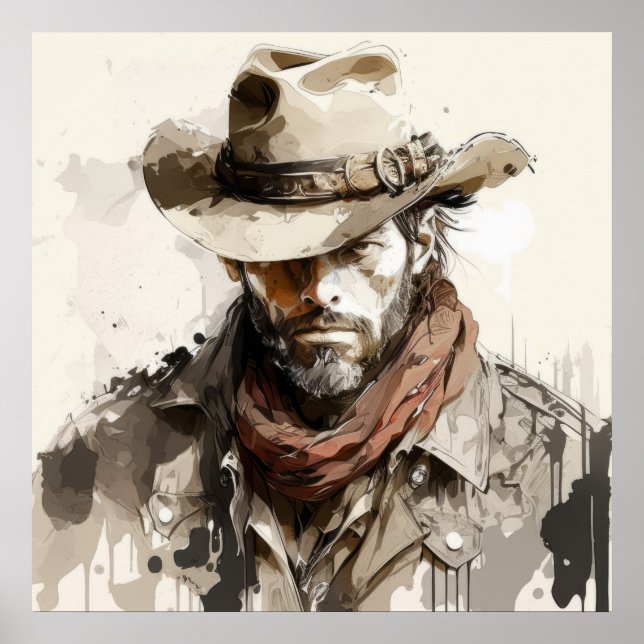 Affiche Western Cowboy Portrait Peinture Chevaux historiqu (Devant)