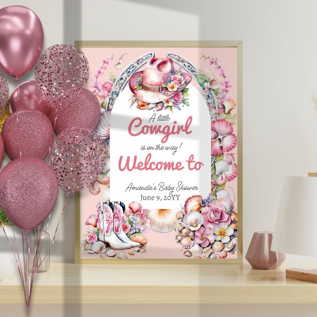 Affiche Western Little Cowgirl Baby shower côtier rose (Créateur téléchargé)