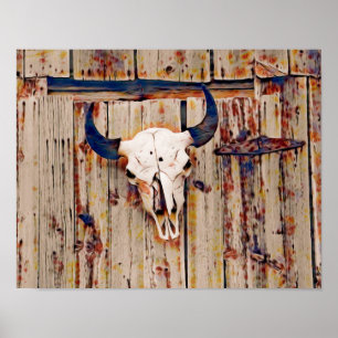 Affiche Western Vintage Rustic Bull Skull Brown Barn