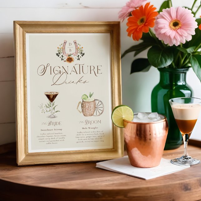 Affiche Western Watercolor Bride & Groom Signature Boisson (Western Watercolor Bride & Groom Signature Drinks Poster)