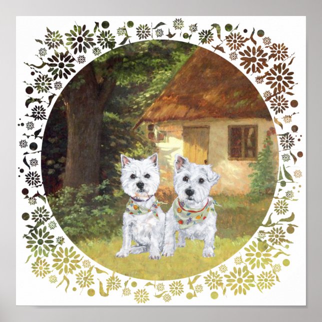 Affiche Westies dans la cour d'une maisonnette cosy (Devant)